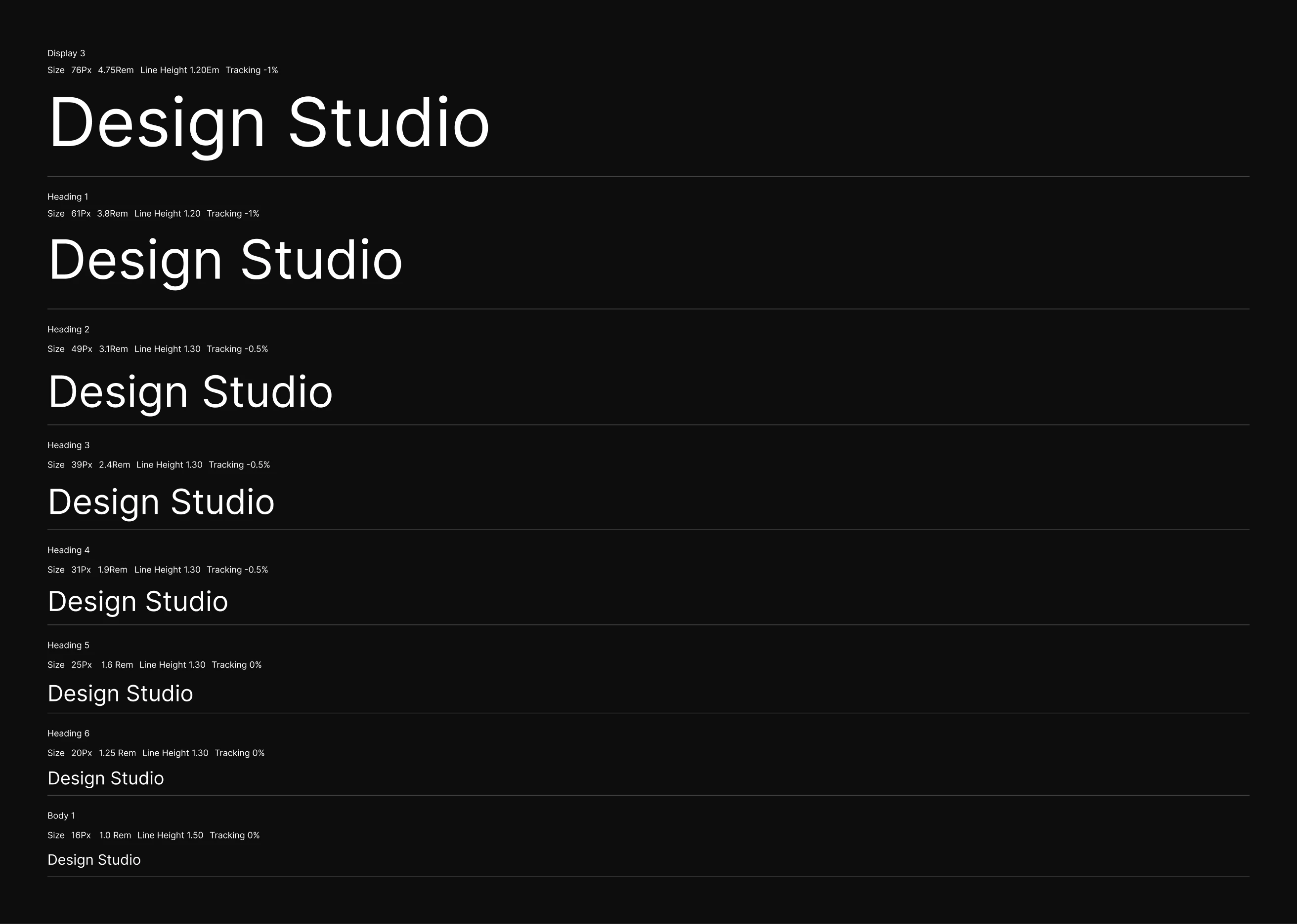 Typography examples showing 'Design Studio' in various heading sizes and body text styles on black background.