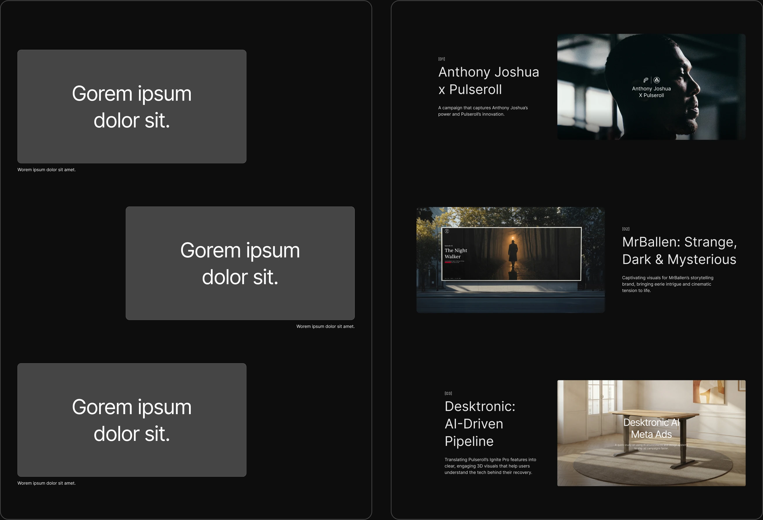 Black UI design with three gray text boxes on left and three media project previews with text on right.