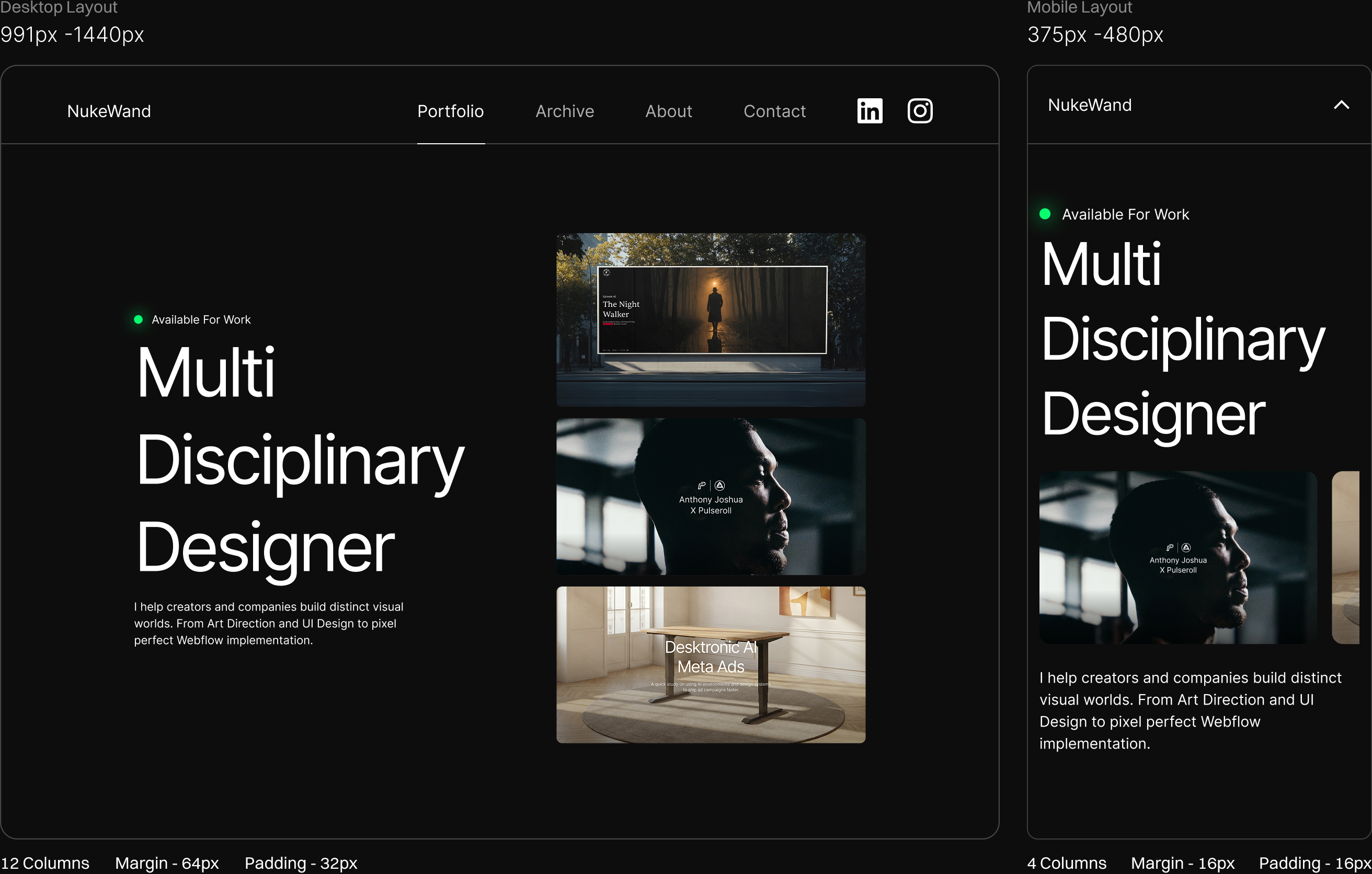 Portfolio page showing desktop and mobile layouts for a multidisciplinary designer with project images.