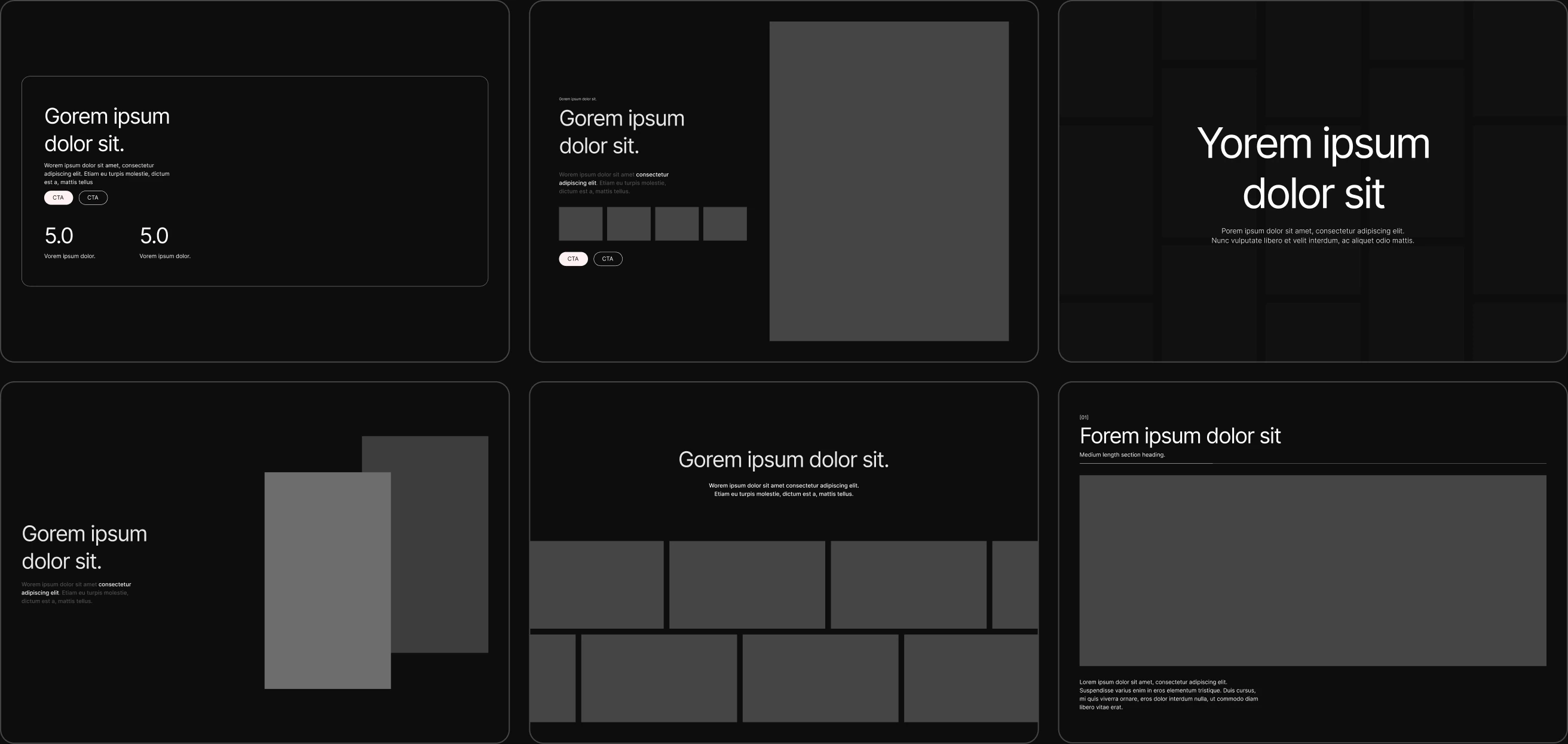 Six black and gray UI design cards with text and placeholders arranged in two rows of three columns.