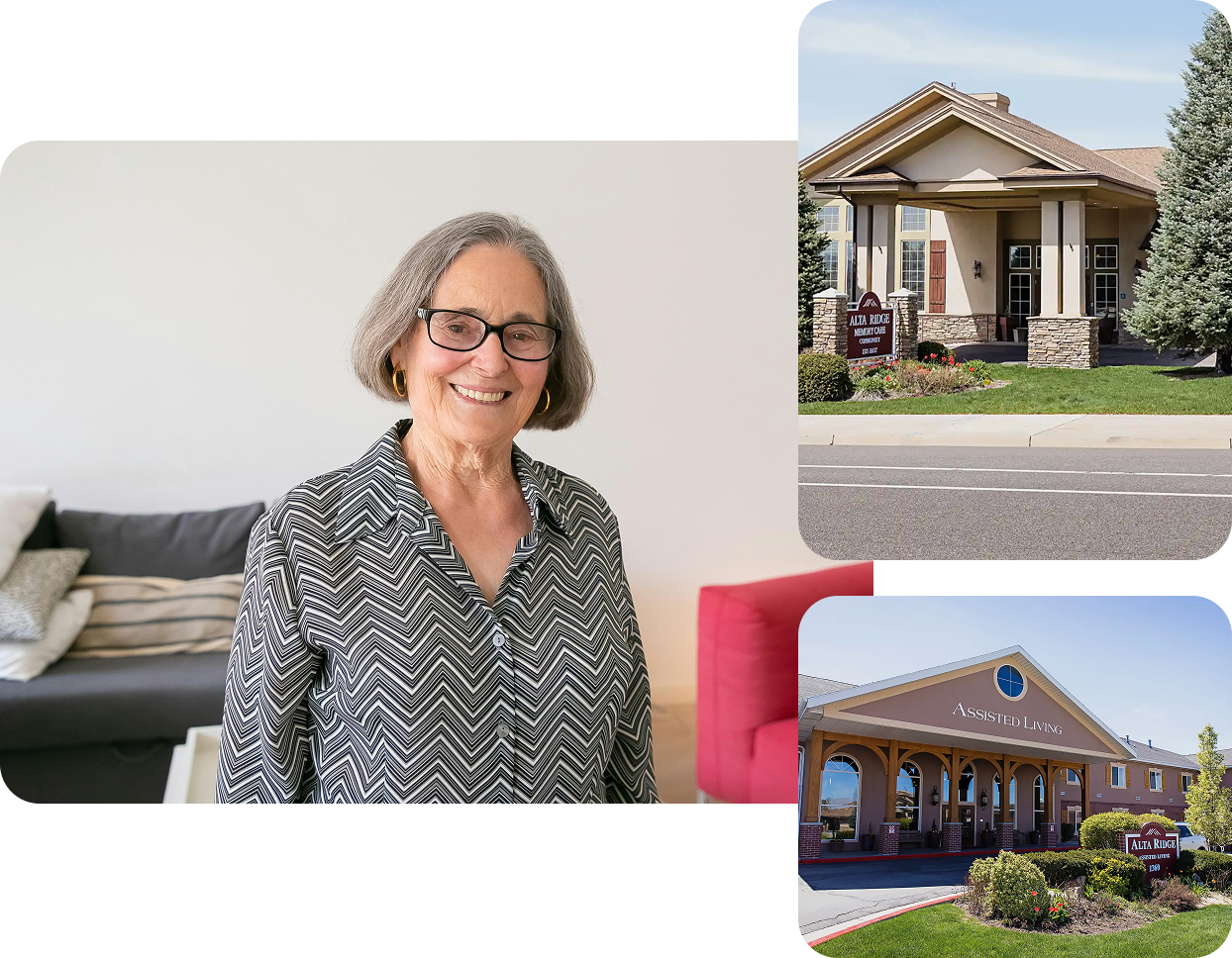 trio of image with a photo of smiling woman, an assisted living facility photo, an a photo of a memory care facilty
