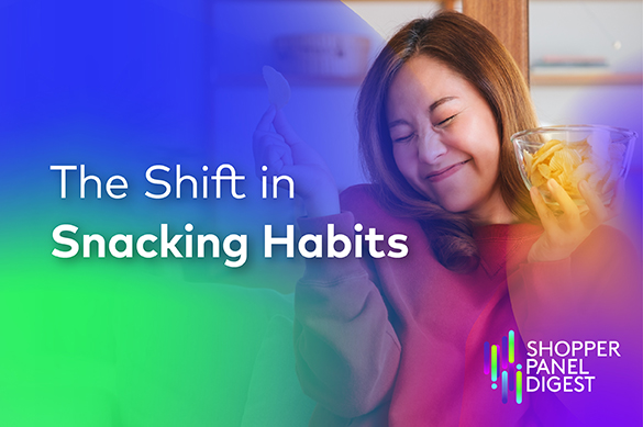Smiling woman enjoying chips at home with text overlay reading “The Shift in Snacking Habits” and the Shopper Panel Digest logo.