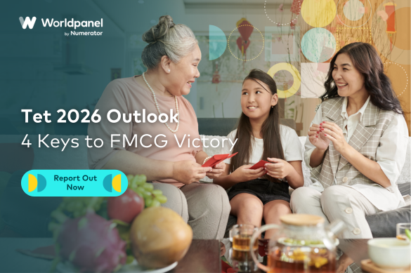 Three generations of a family sit together indoors sharing Tet holiday moments, with text overlay promoting the “Tet 2026 Outlook: 4 Keys to FMCG Victory” report.