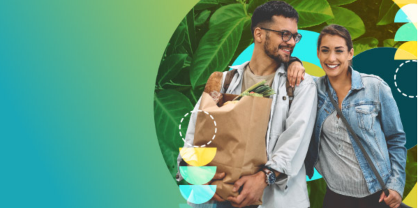 a graphic of a couple carrying a paper bag of groceries.