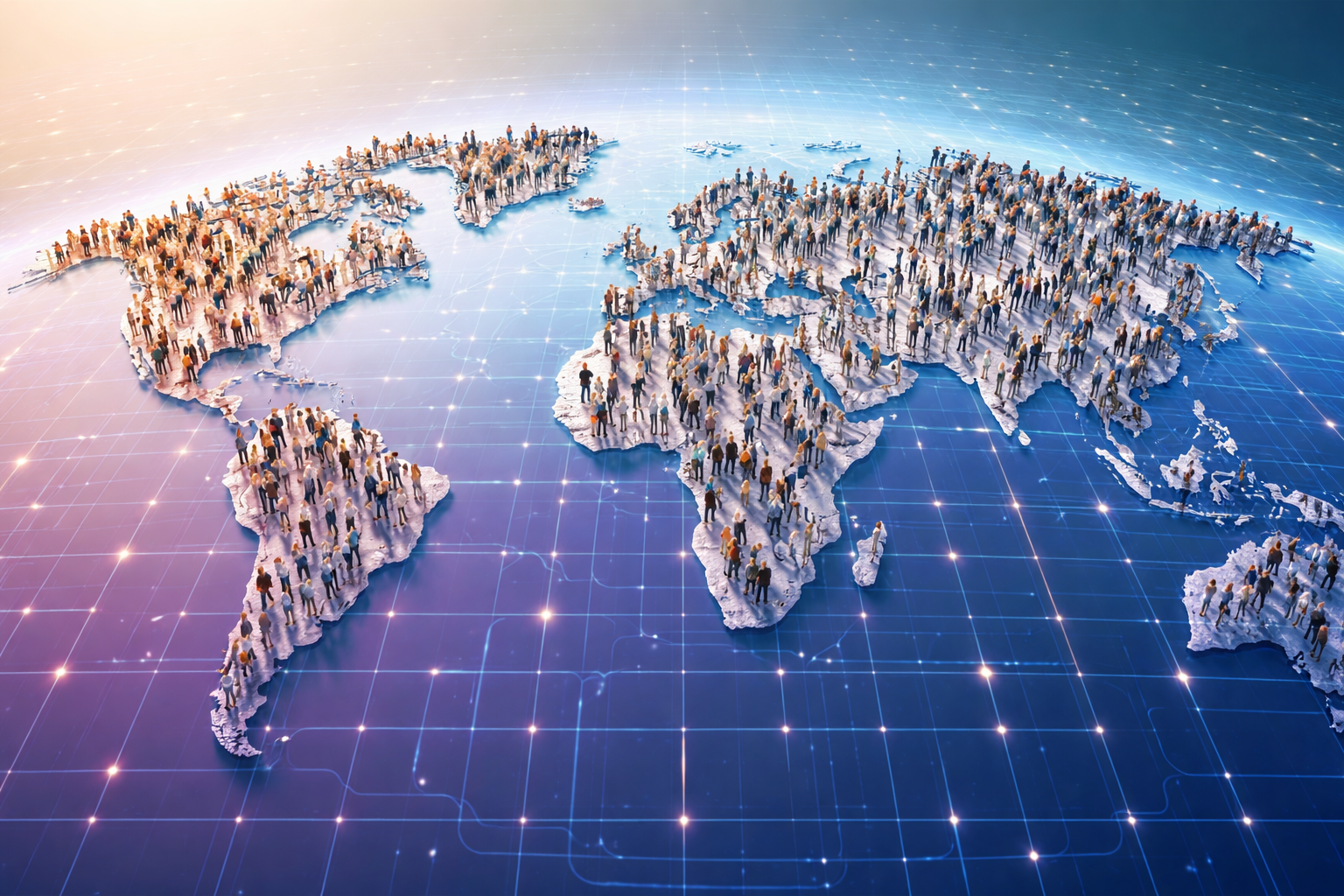 3D world map with continents populated by numerous small human figures standing, symbolizing global population and connectivity.