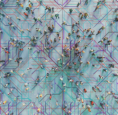 Top-down view of diverse people walking on a blue grid patterned ground with colorful lines.