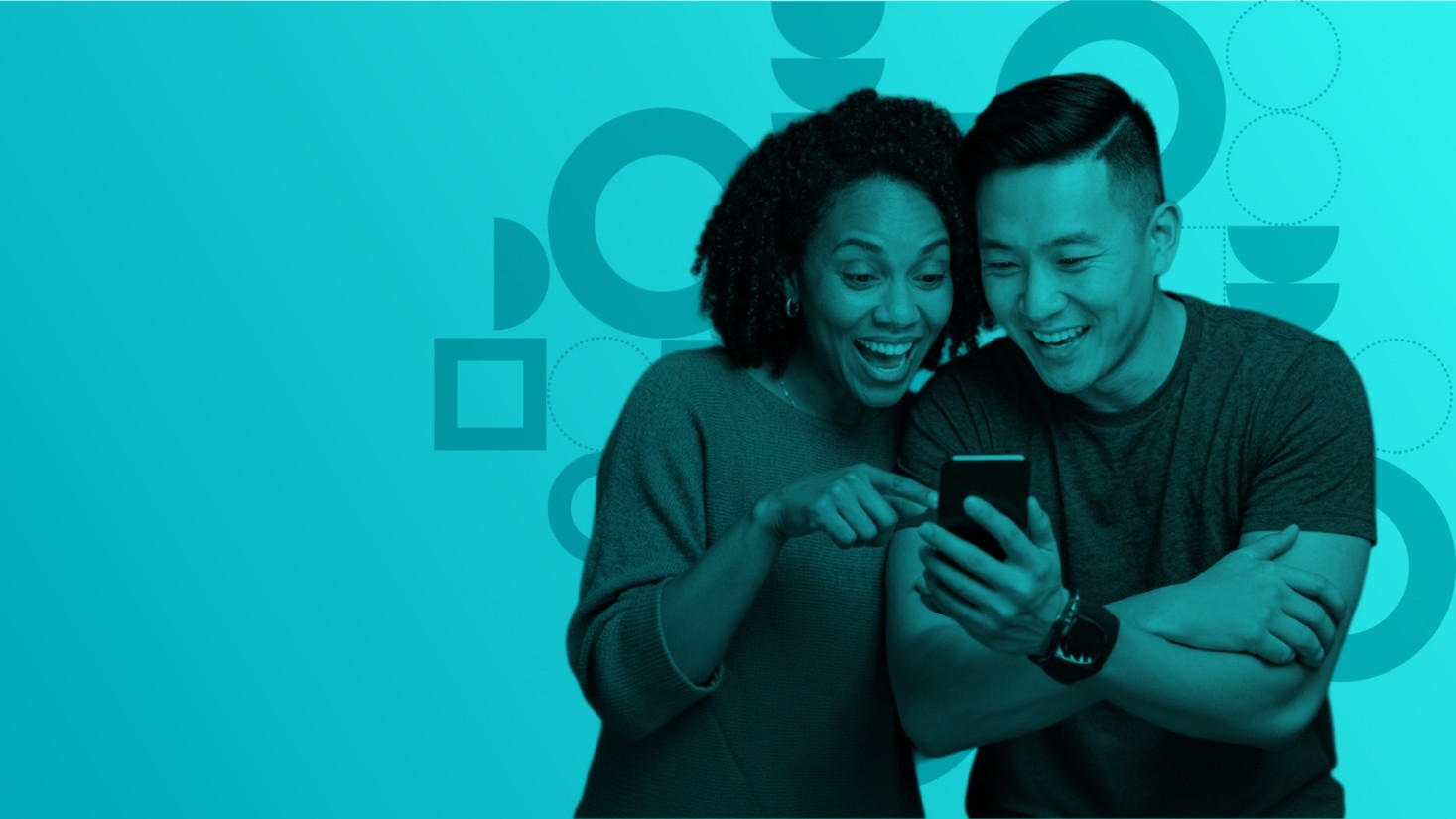 Smiling man and woman looking at a smartphone together with excitement against a blue background with geometric shapes.