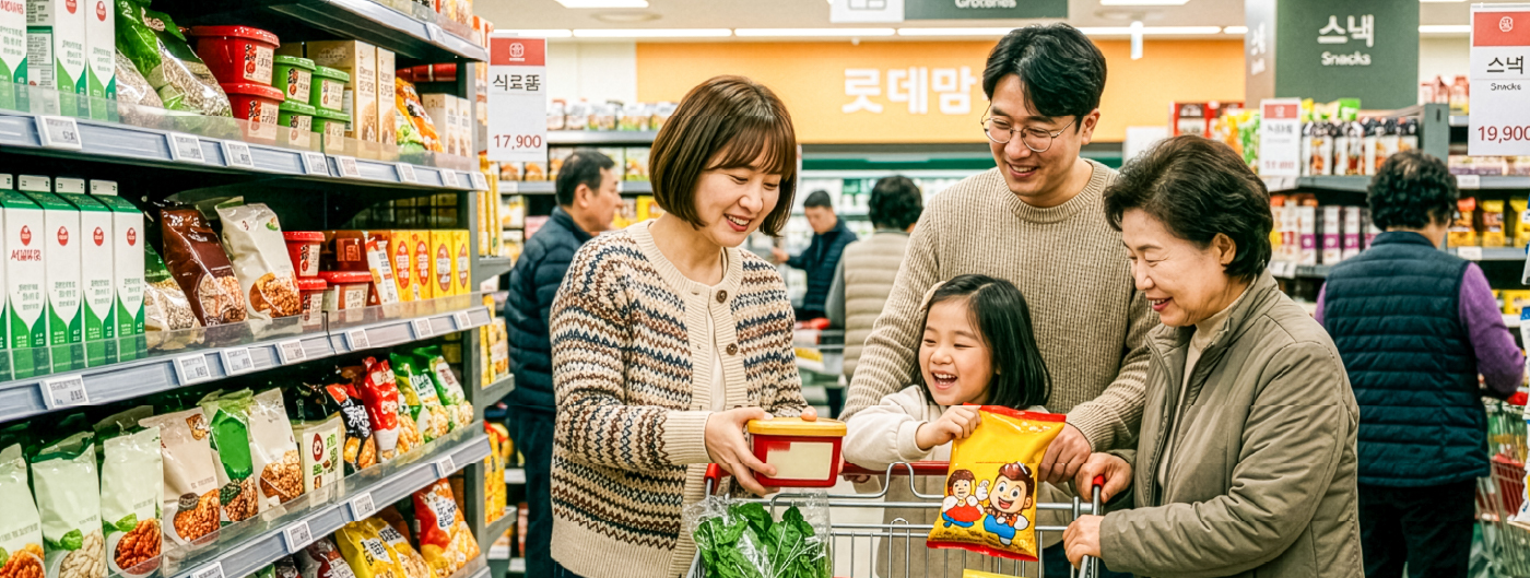 A happy family of four, including a woman, man, child, and older woman, shopping together in a supermarket aisle filled with packaged snacks and groceries.