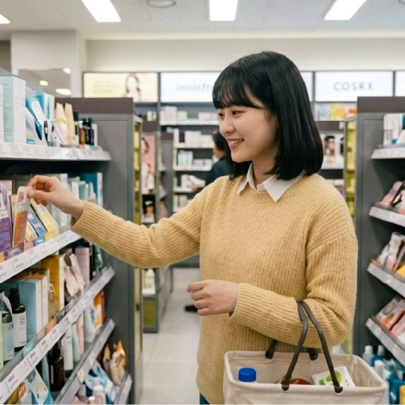 Smiling woman in a yellow sweater shopping for skincare products on store shelves, holding a beige shopping basket with various items inside.