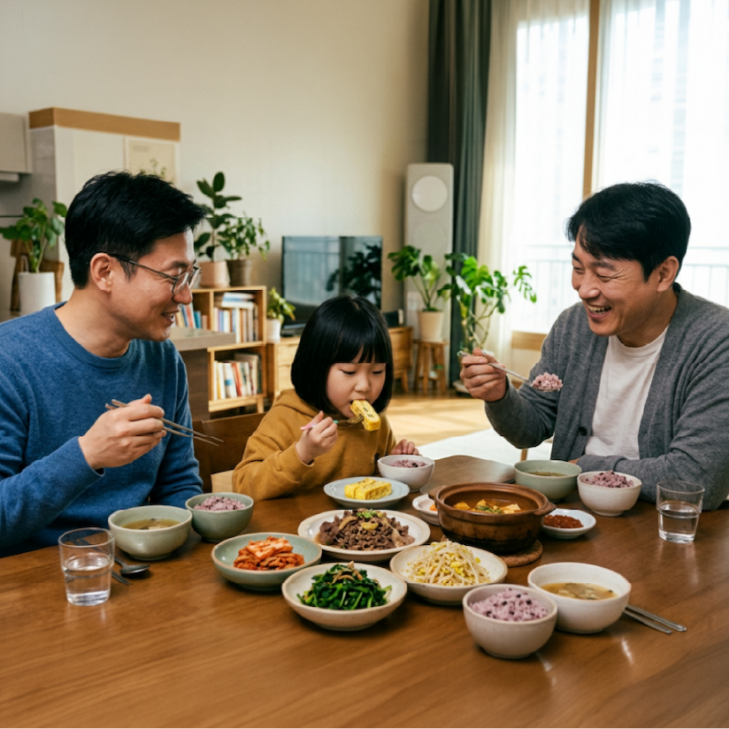 An Asian family of two men and a young girl sitting around a wooden table enjoying a meal together, with bowls of rice, soup, and various side dishes in a bright dining room with plants and a large window.