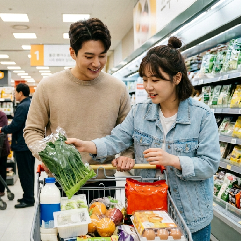 A young woman and man shopping together in a grocery store aisle, both smiling as the woman holds a bag of fresh leafy greens over a shopping cart filled with various groceries including fruits, vegetables, eggs, milk, and packaged goods.