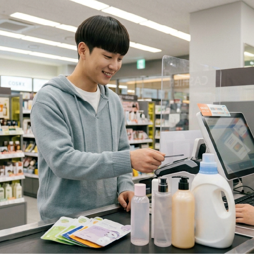 Young man in a gray hoodie smiling as he holds a card to pay at a store checkout counter with skincare products and detergent on the conveyor belt.