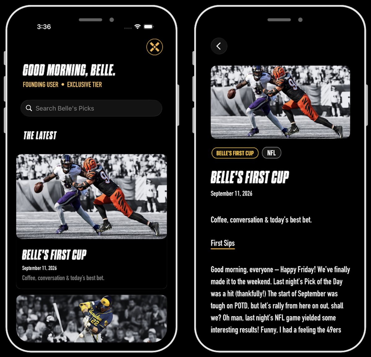 Two screens from the Belle's Picks app: the home feed and a Belle's First Cup post