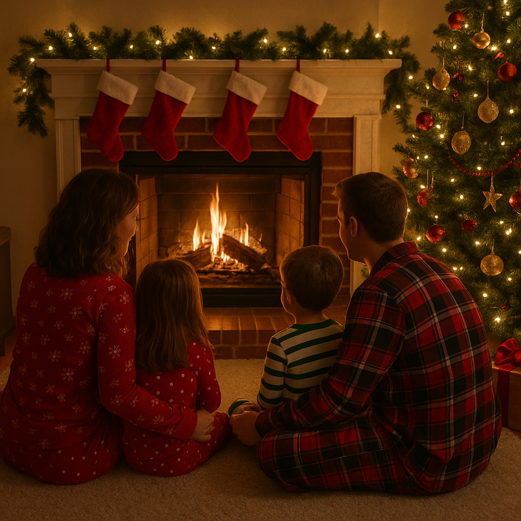 A family of four in festive pajamas sits together by a cozy fireplace, watching the flames with a decorated Christmas tree nearby.