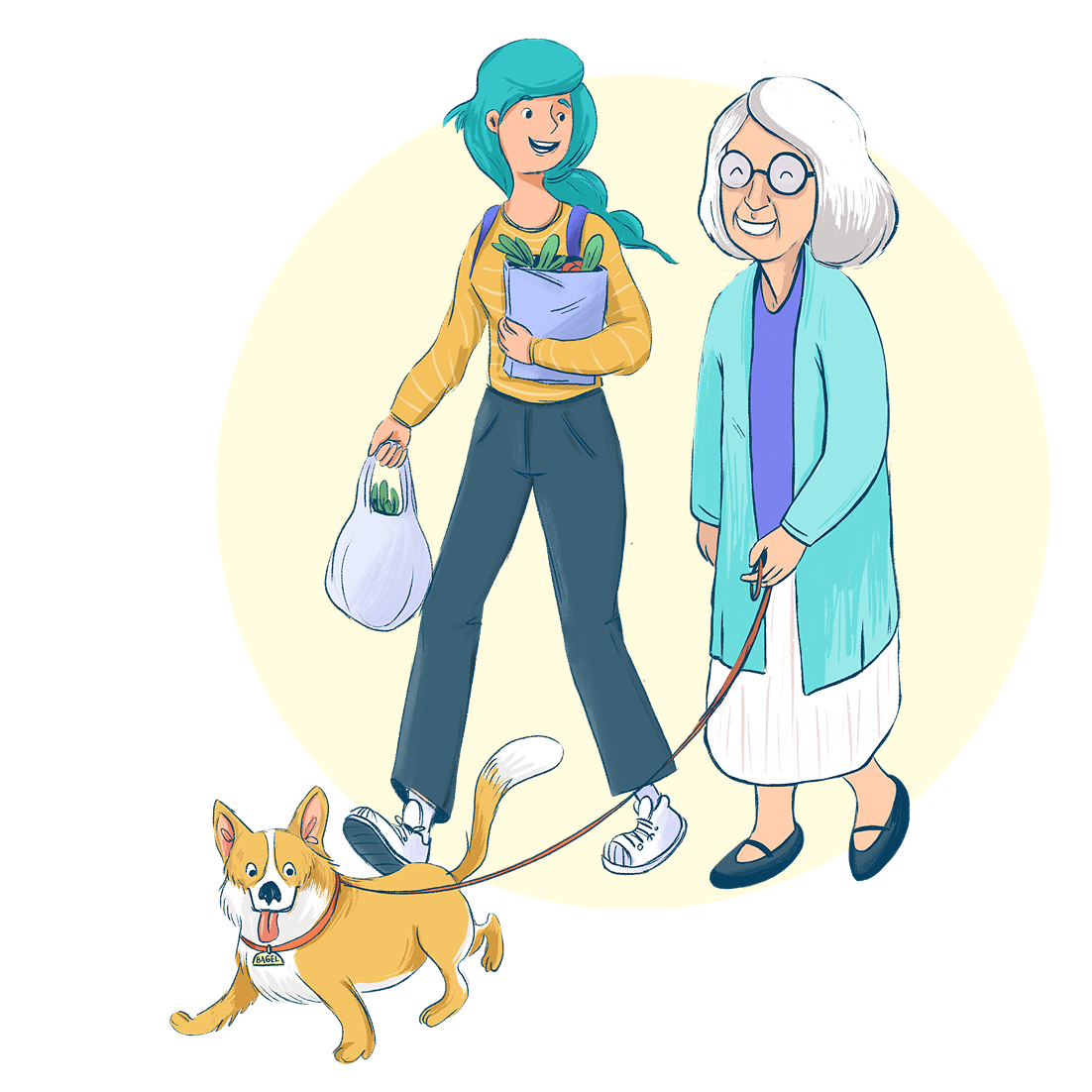 A tall, fair-haired helper in a black ACDC t-shirt and teal pants carries two shopping bags. Beside them, an older man with a white beard and glasses, wearing an orange and white ACDC vest, smiles and gestures "rock and roll" with his hand while walking a small, happy yellow dog on a leash. They are depicted within a light circular background.