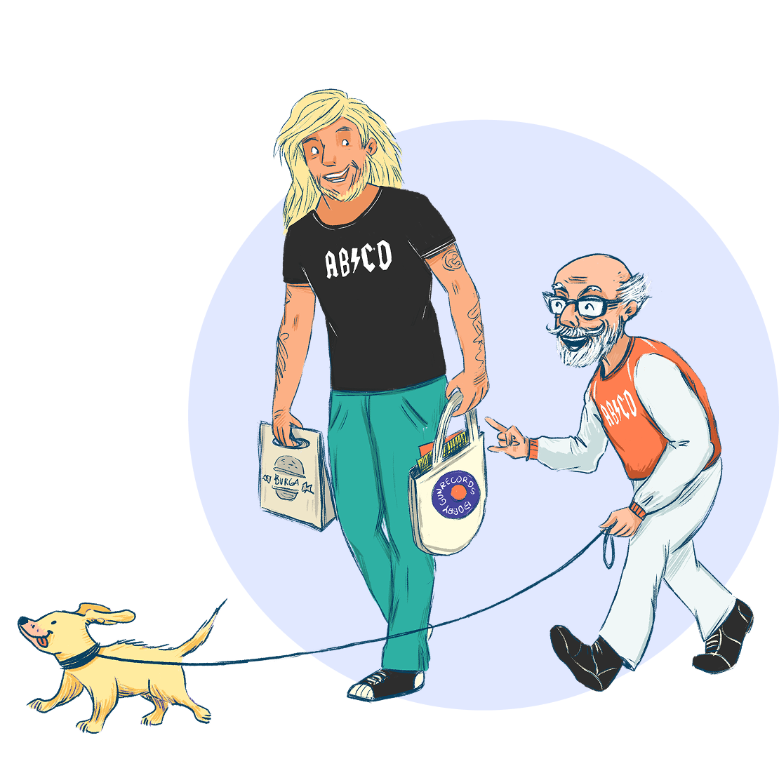 A tall, fair-haired helper in a black ACDC t-shirt and teal pants carries two shopping bags. Beside them, an older man with a white beard and glasses, wearing an orange and white ACDC vest, smiles and gestures "rock and roll" with his hand while walking a small, happy yellow dog on a leash. They are depicted within a light circular background.