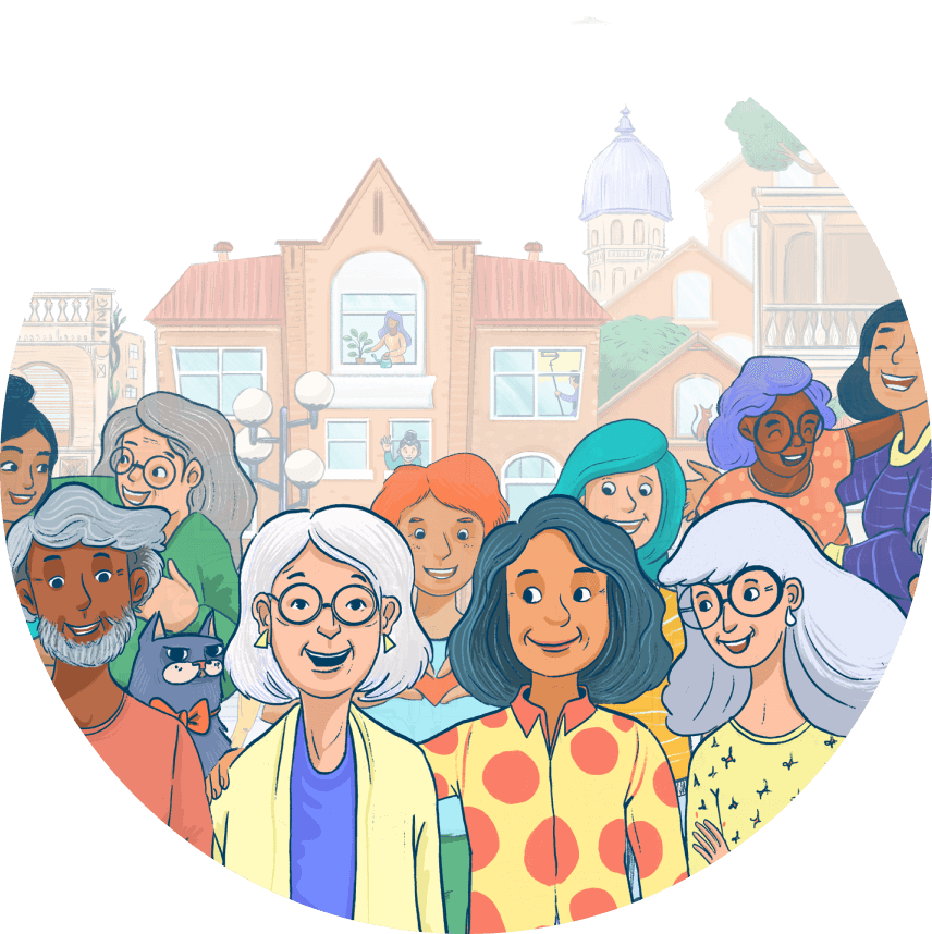 A tall, fair-haired helper in a black ACDC t-shirt and teal pants carries two shopping bags. Beside them, an older man with a white beard and glasses, wearing an orange and white ACDC vest, smiles and gestures "rock and roll" with his hand while walking a small, happy yellow dog on a leash. They are depicted within a light circular background.