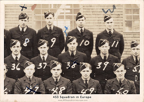 Labels: 36: Dick Darcy, 37: Tom Swift, 38:Charles Riley Photo from Jim Ferguson, most likely on arrival for training at 14 SFTS at Aylmer, Canada.