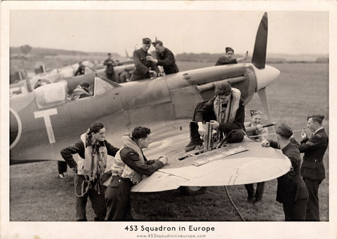 “Spitfire guns are loaded from the bottom of the wing but why worry. Perhaps that’s why the chap on the wing is laughing” - Jim Ferguson
Pilots L-R: Bill De Cosier, Jim Ferguson, Jack Stansfield