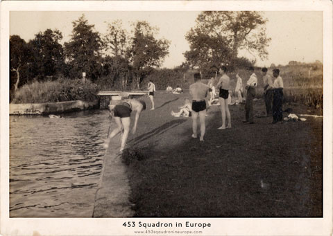 453 Squadron enjoying a break from operations swimming at Bickton Mill while based at RAF Ibsley