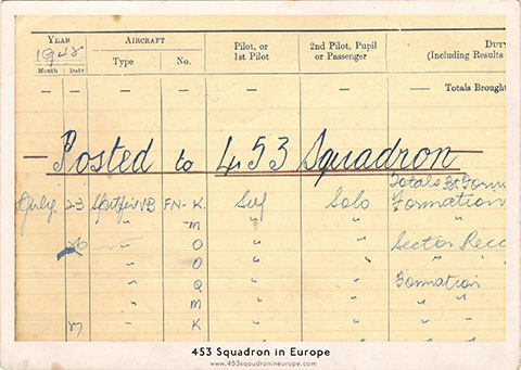 Jim Ferguson's log book entry starting his journey with 453 Squadron.