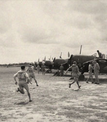 The far east formation of 453 squadron scrambles to their Brewster Buffalos