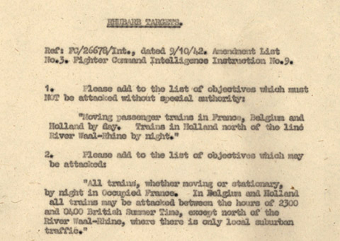 Fighter command Rhubarb instructions from the 453 Squadron A and B Flight crew orders book.