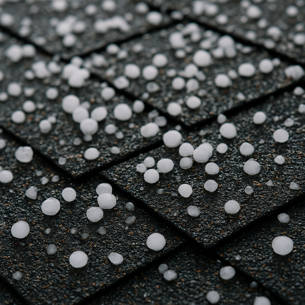 Close up of hail on top of asphalt shingle in Cumming, Georgia in need of roof repair from Roofscape