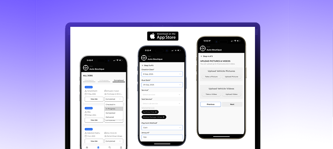 OXMotive job management dashboard for mobile mechanics, detailers, and tire service businesses