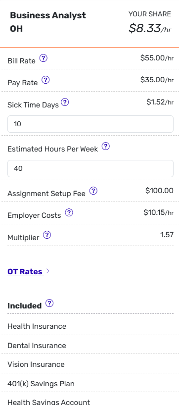 Business Analyst job details showing hourly rates, benefits, and compensation