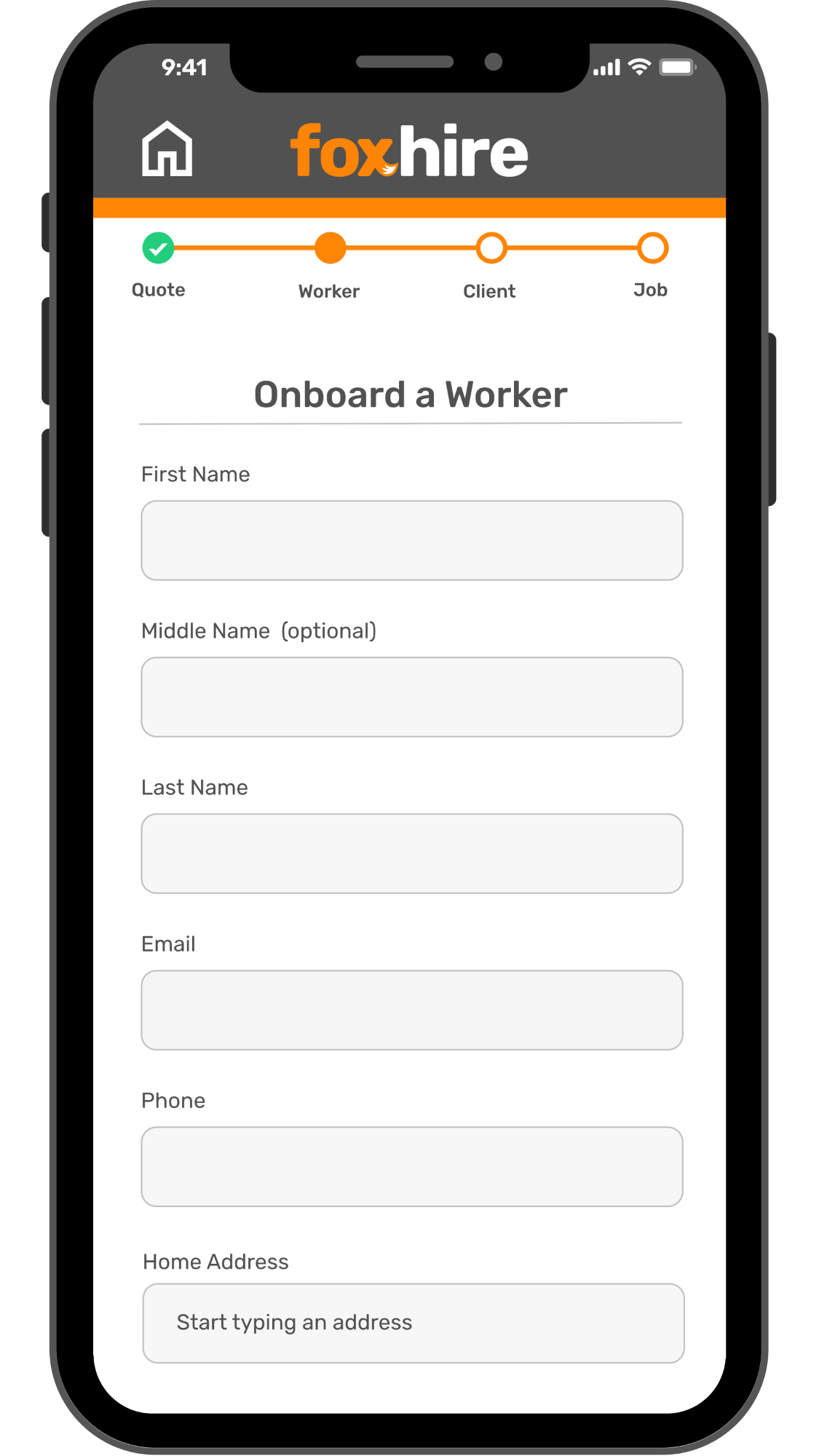FoxHire's recruiter portal mobile view of onboarding a worker