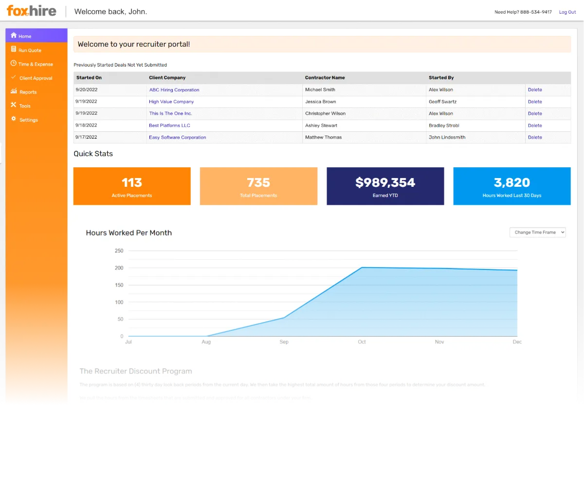 FoxHire client dashboard showing workers and onboarding status