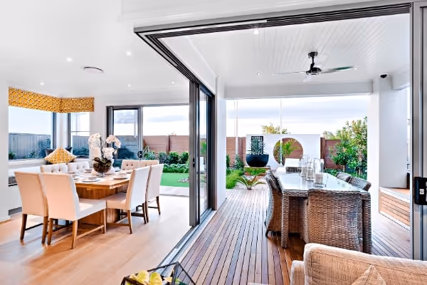 A large open living room and dining room area.