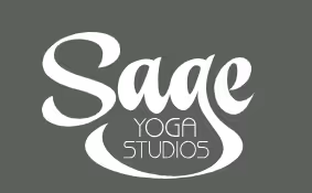 Logo with the text 'Sage Yoga Studios' in stylized white font on a dark gray background.