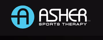 Asher Sports Therapy logo with stylized A in a blue circle and text on black background.