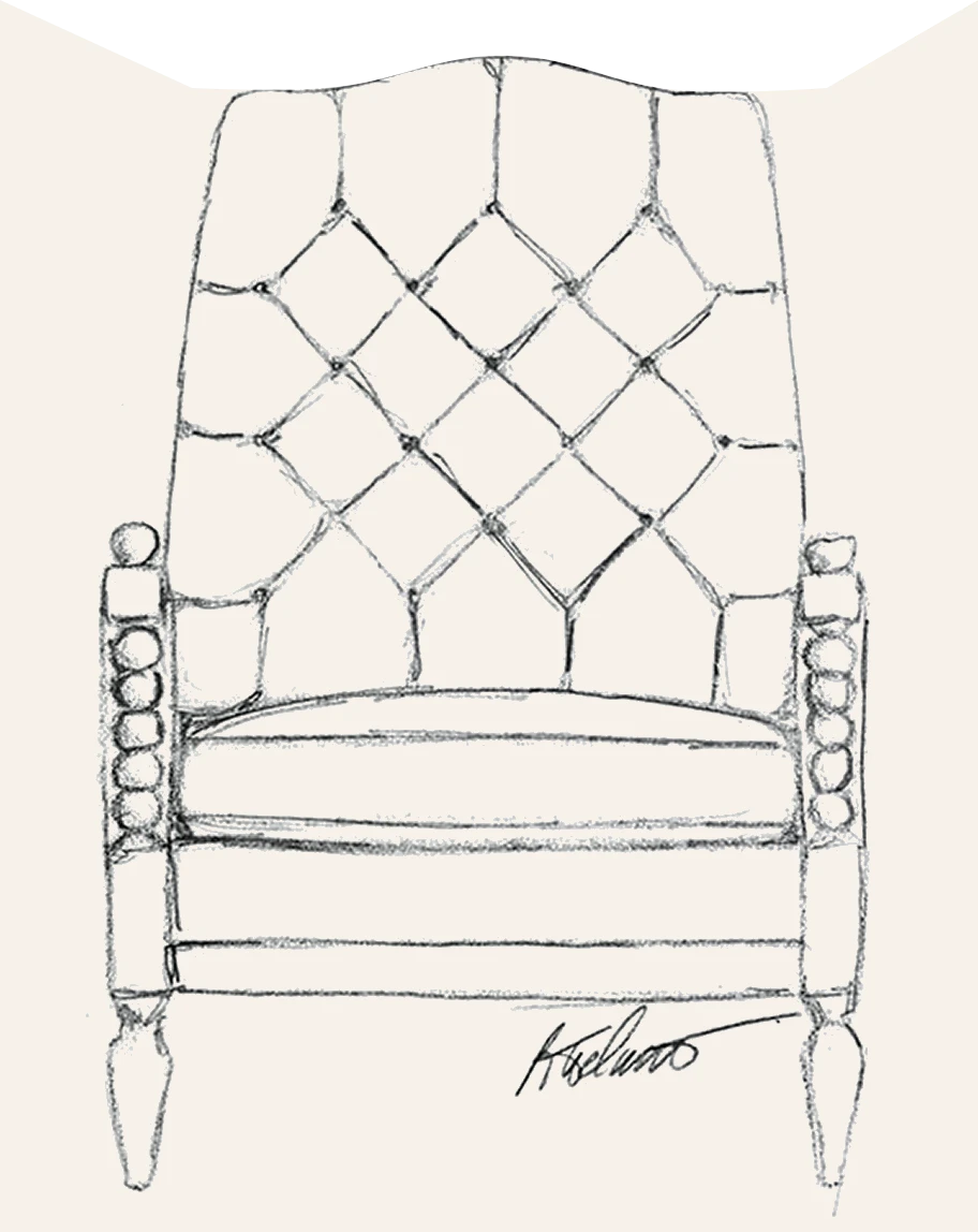 Hand-drawn sketch of a classic upholstered chair by Alfred’s Maine, representing the legacy of a family upholstery business, its custom upholstery story, and timeless heritage craftsmanship from the atelier.