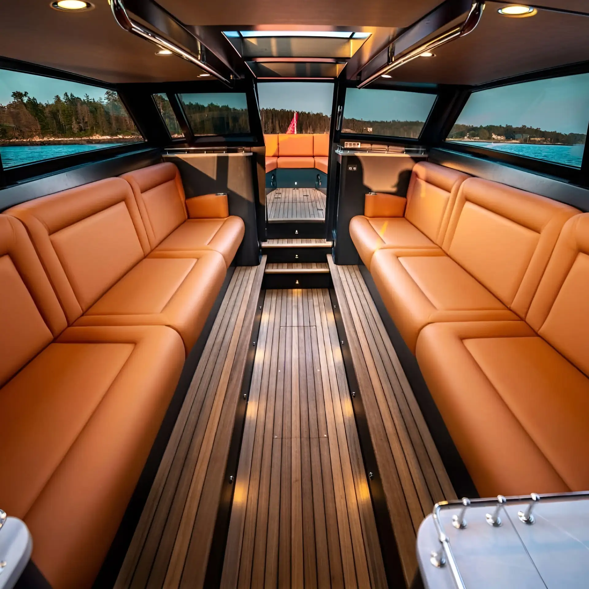 Yacht interior with premium seating featured in the Alfred’s projects upholstery portfolio, showcasing custom upholstery craftsmanship and luxury marine design as part of the custom upholstery showcase.