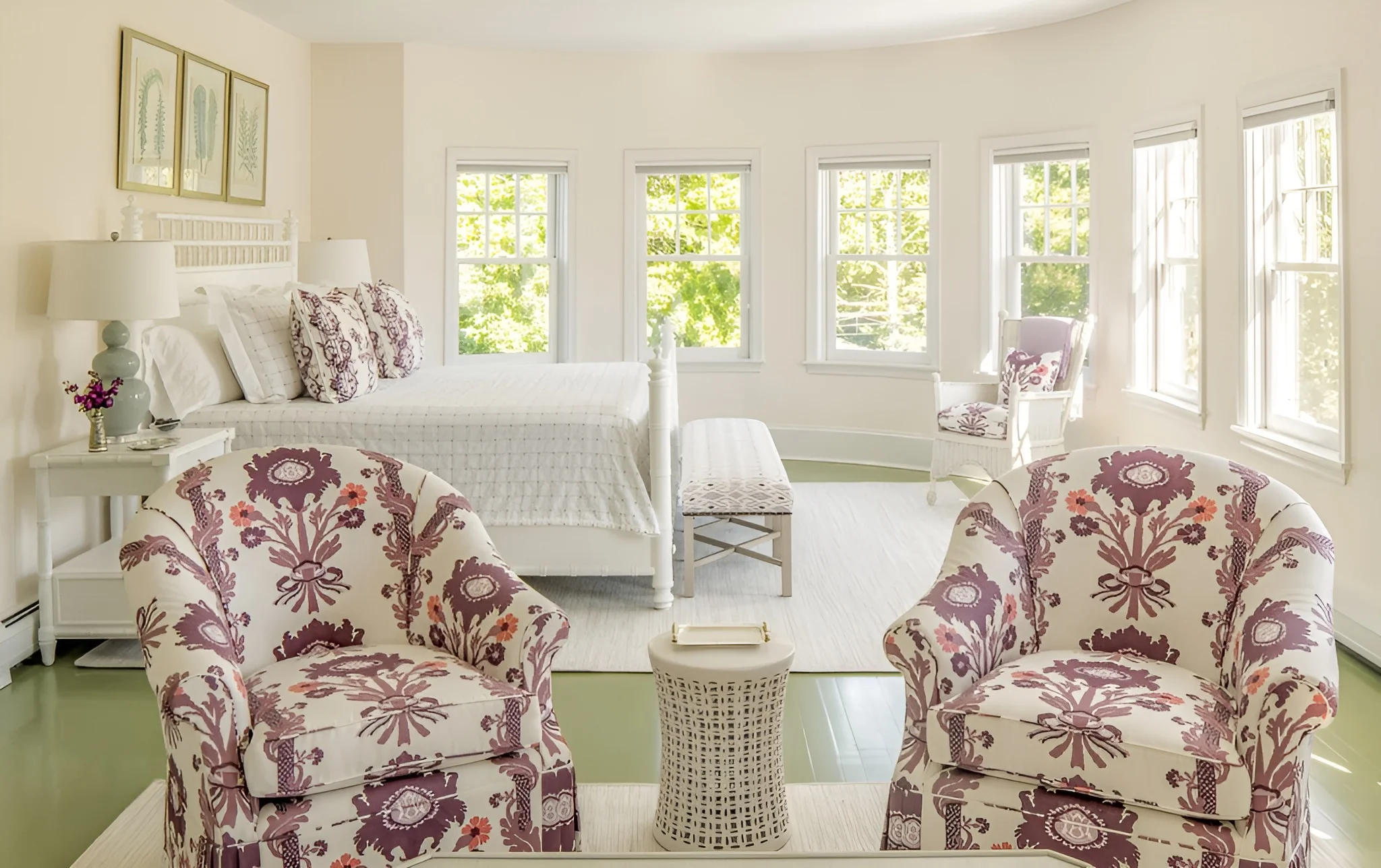 Bright bedroom featuring custom upholstery armchairs and coordinated home upholstery accents by Alfred’s by Land, with luxury furniture and heritage craftsmanship in a refined setting.