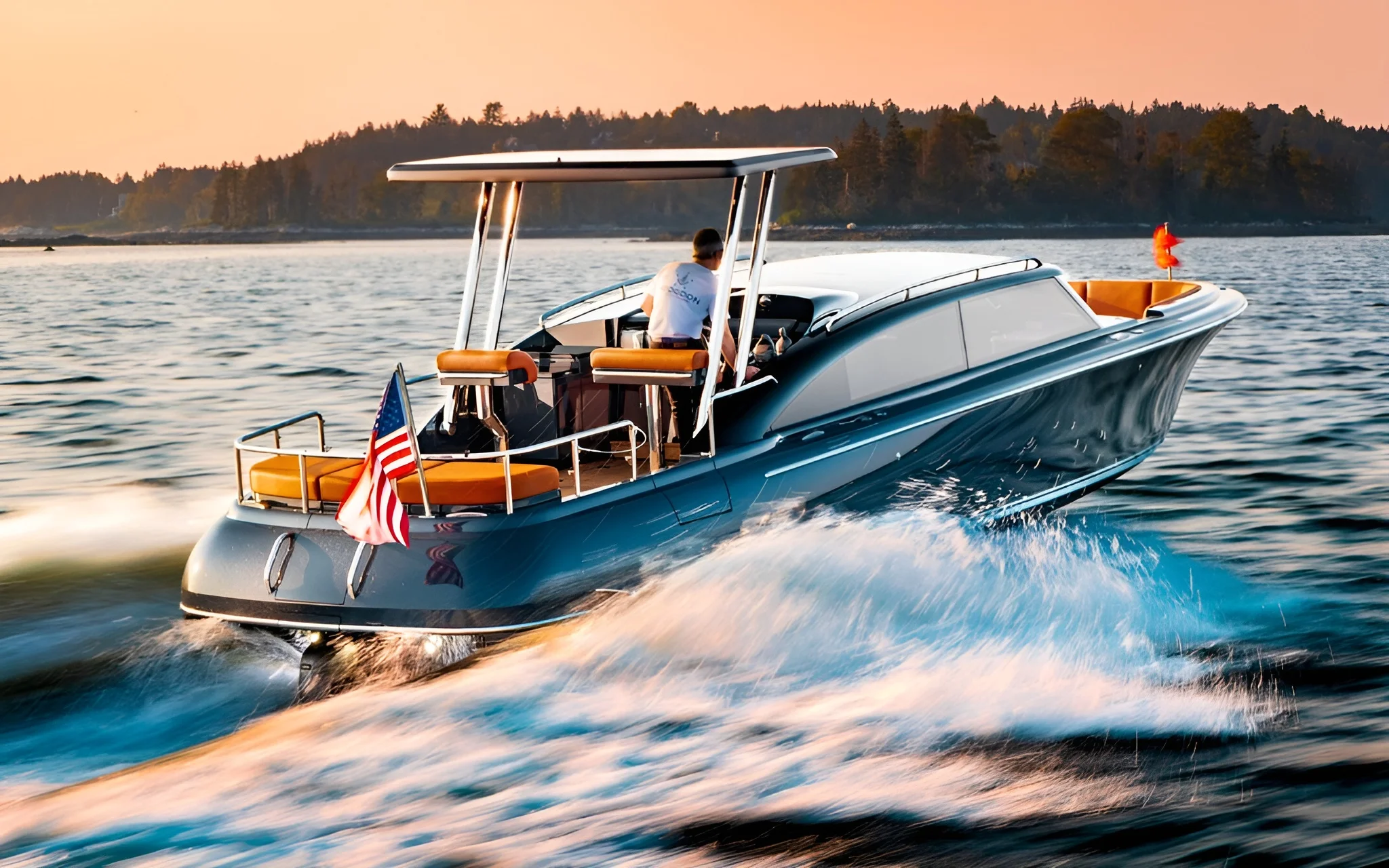 A luxury speedboat featuring custom marine upholstery by Alfred’s Maine, showcasing handcrafted furniture details on the open water.