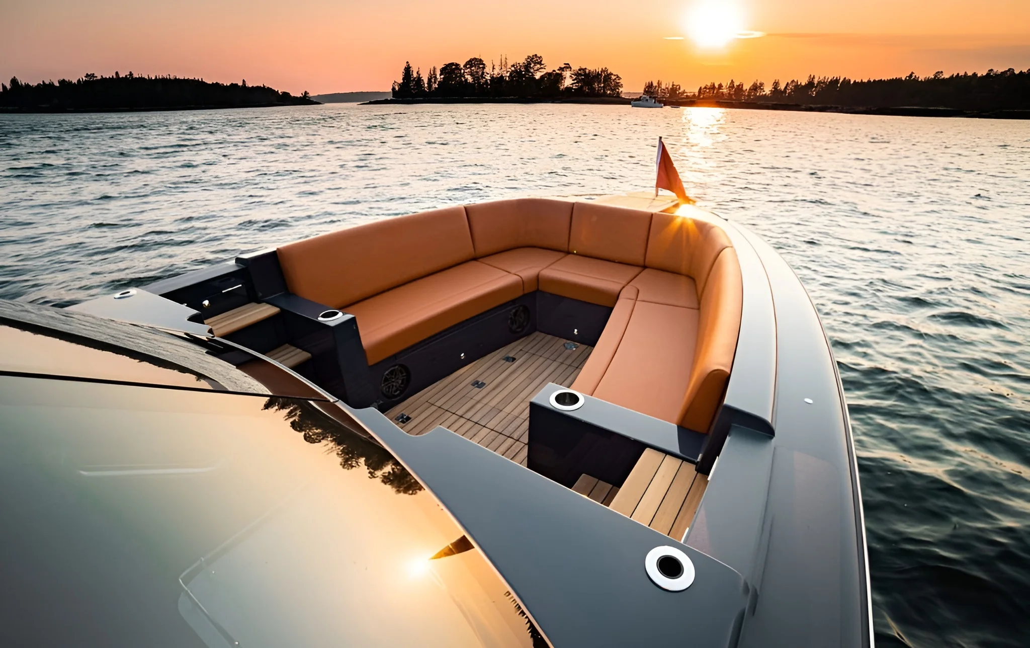 Sunset view of a luxury boat’s bow lounge with custom marine upholstery by Alfred’s Maine, featuring handcrafted seating and elegant design.