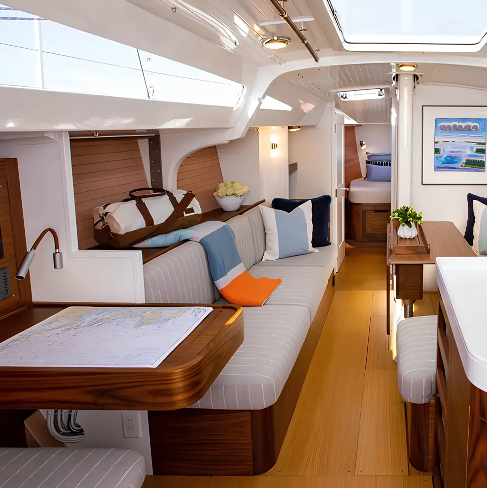 Interior of a luxury yacht featuring custom marine upholstery, handcrafted wood furniture, and refined seating by Alfred’s Maine.