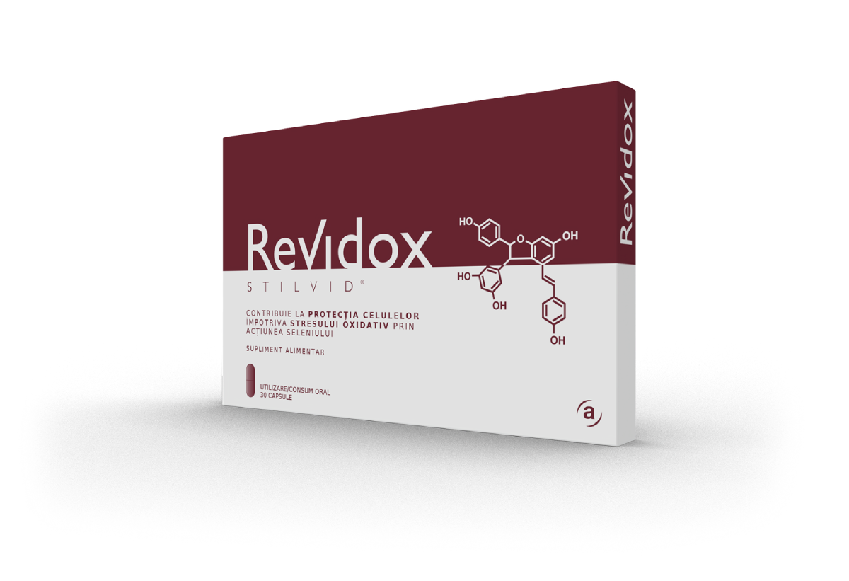 Cutia suplimentului alimentar Revidox, conceput pentru protecția celulară împotriva stresului oxidativ.
