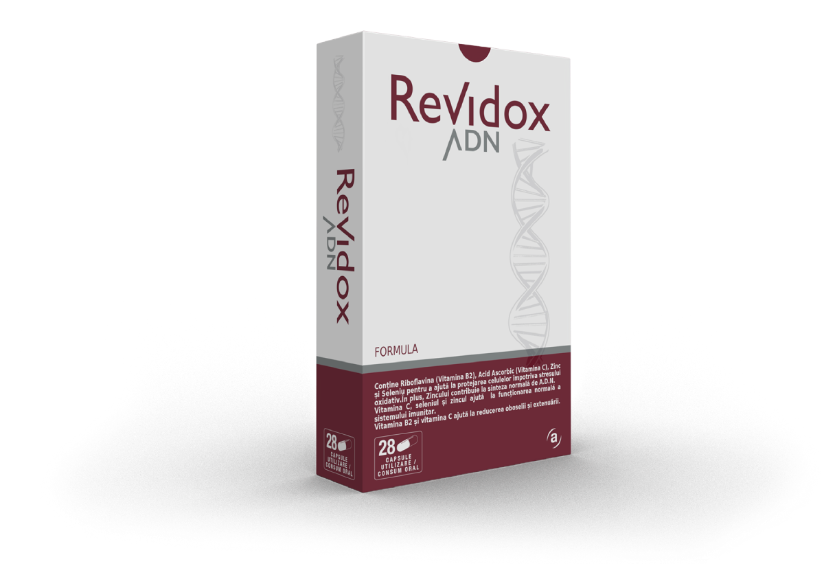 Cutie cu suplimentul alimentar Revidox ADN, destinat protecției celulare și sintezei ADN-ului.