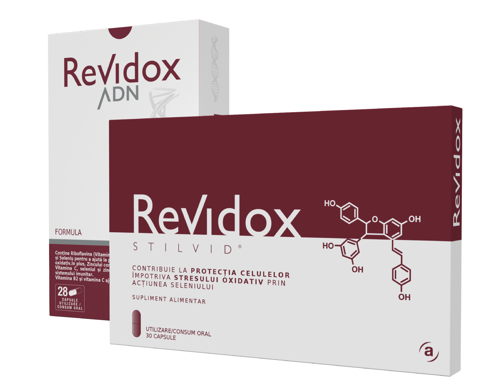 Imaginea prezintă două variante ale produsului Revidox: Revidox ADN și Revidox STILVID.