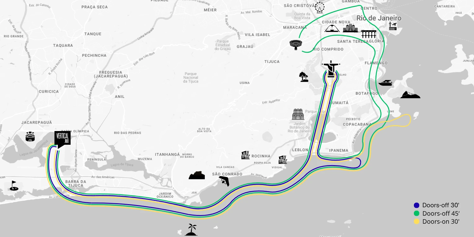 All Vertical Rio flight routes over Rio de Janeiro: doors-off 30, doors-off 45 and doors-on 30 minutes
