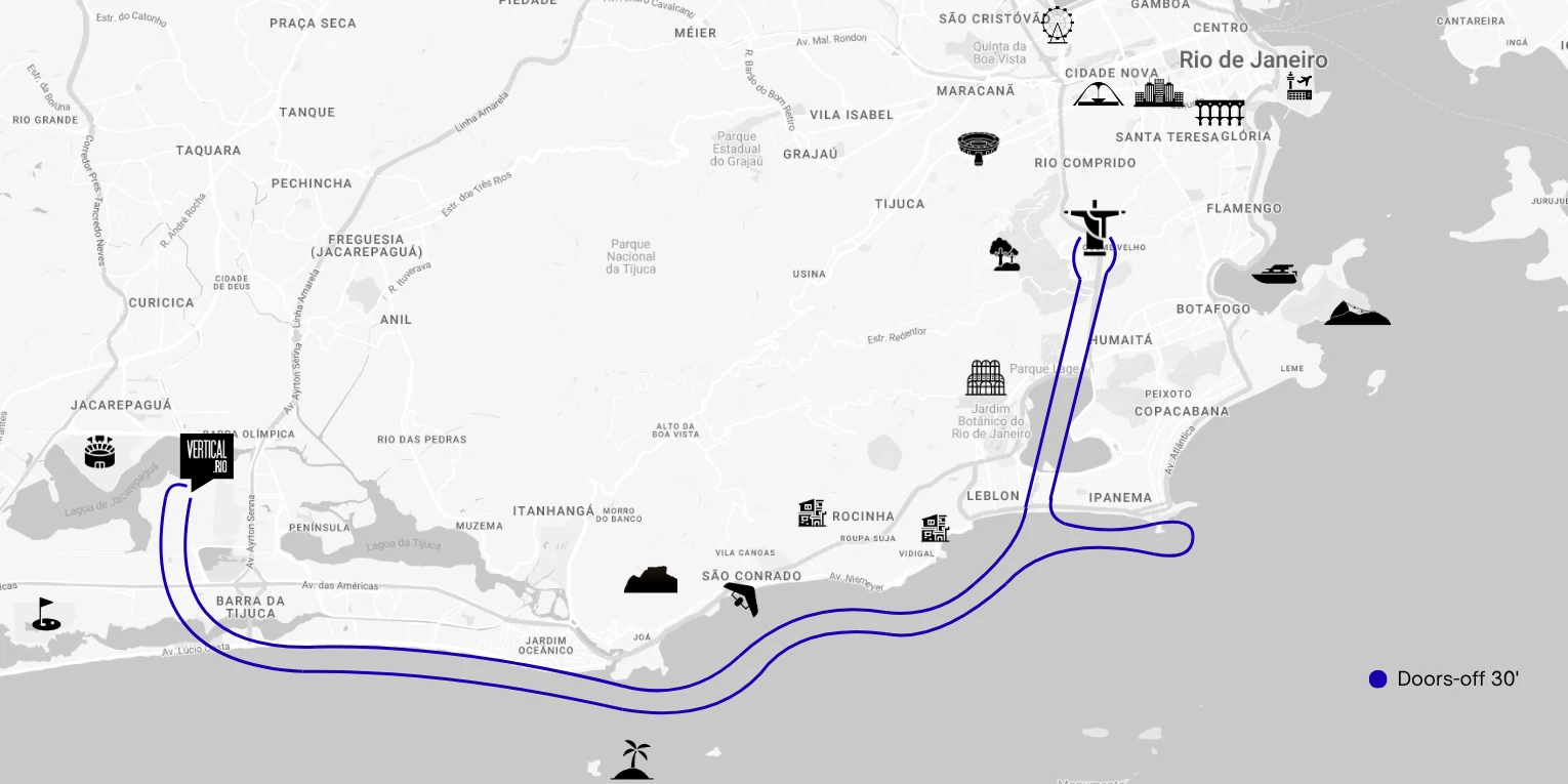 Doors-off 30-minute flight route map from Barra da Tijuca along the coast to Ipanema and Christ the Redeemer