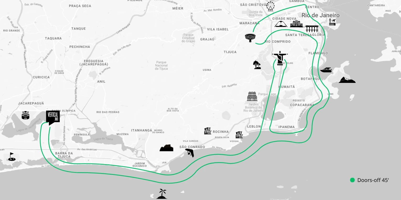 Doors-off 45-minute flight route map including Maracanã, Christ the Redeemer and Sugarloaf Mountain
