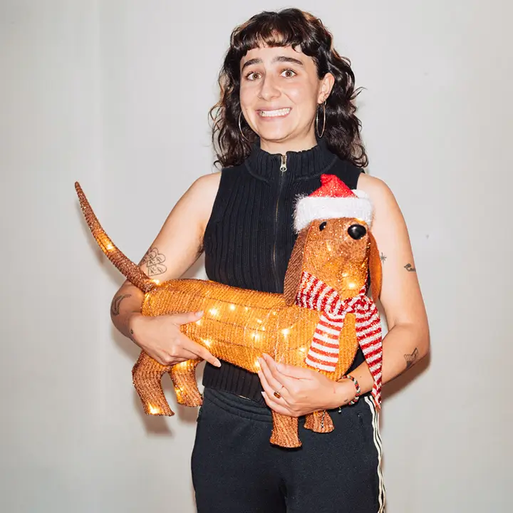 Frau mit dunklen Haaren hält eine leuchtende Dackel-Dekoration mit Weihnachtsmütze und rot-weißem Schal.