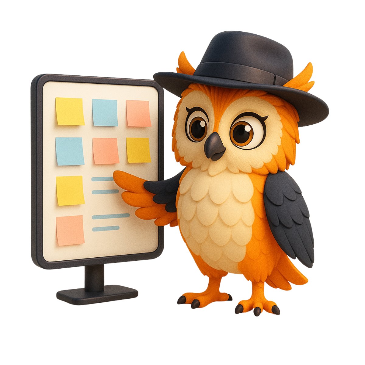 La mascotte de Kokoroe devant un tableau avec des post-its et du texte