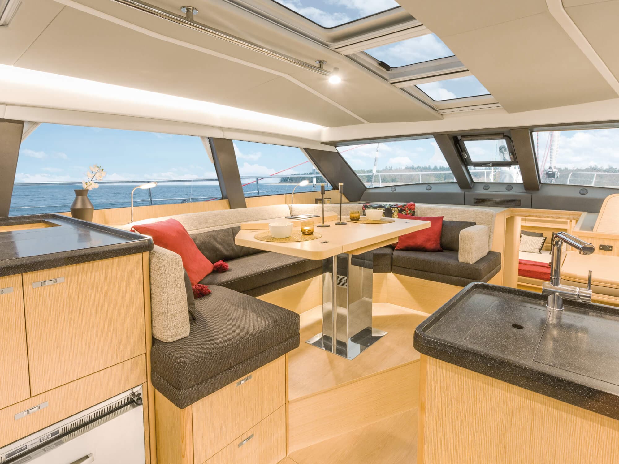 Moody 54 yacht interior saloon and dining area